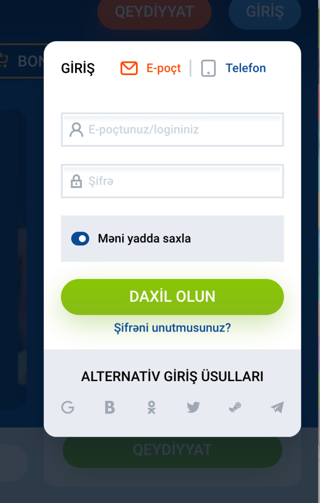 Ənənəvi üsul olan E-poçtla giriş etmək üçün istifadəçi adı və parol yazmaq kifayətdir